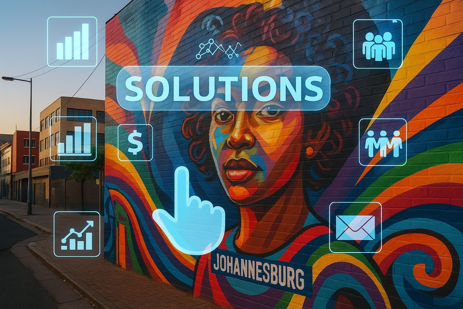 Johannesburg Urban Mural with Digital Solutions Overlay A colorful street mural in Johannesburg featuring a woman’s face, overlaid with digital icons representing data, growth, and web technology